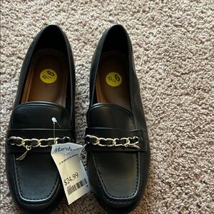Womens Black Loafers with Chain Detail